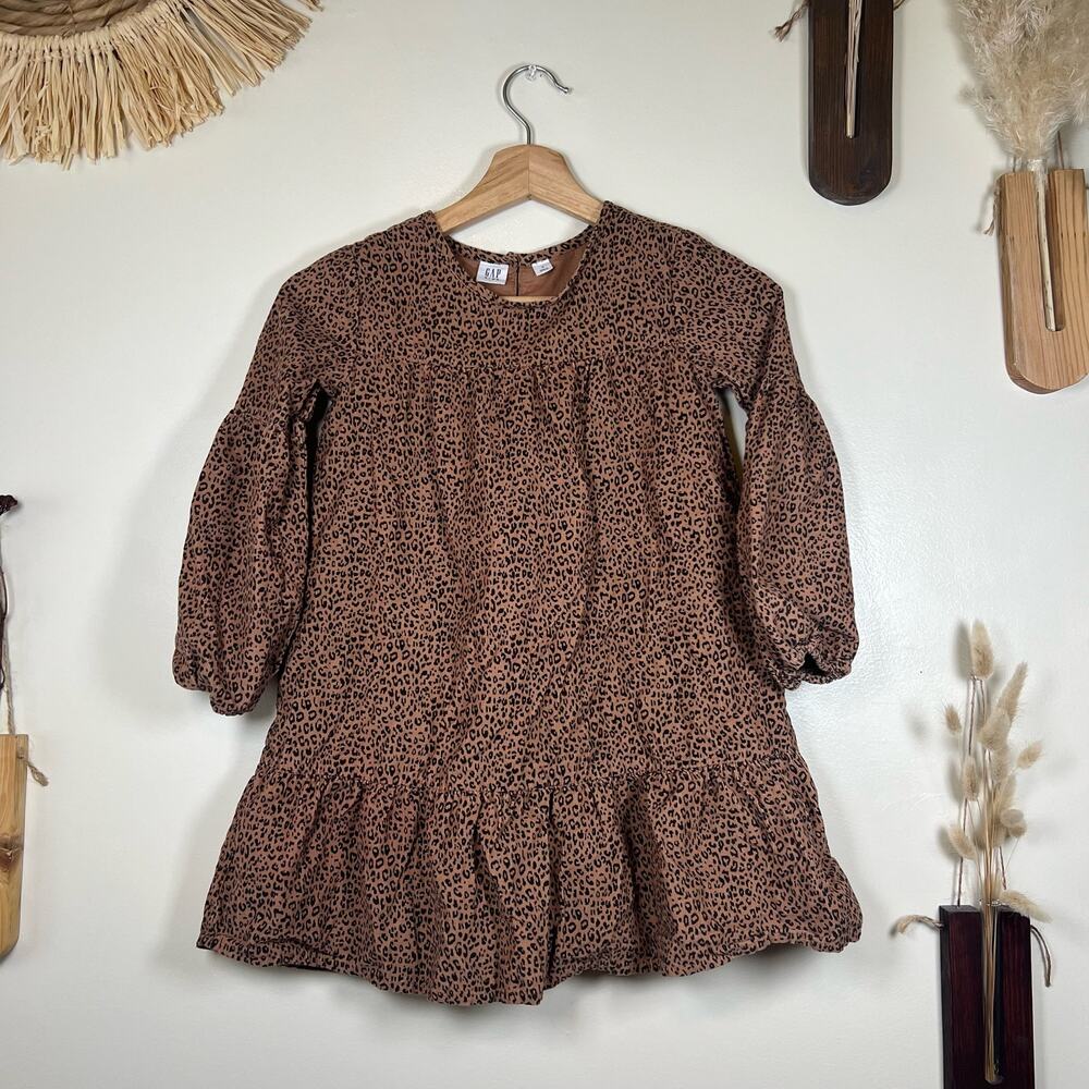 Girls Small Gap Kids Brown Leopard Print Corduroy Long sleeve Dress